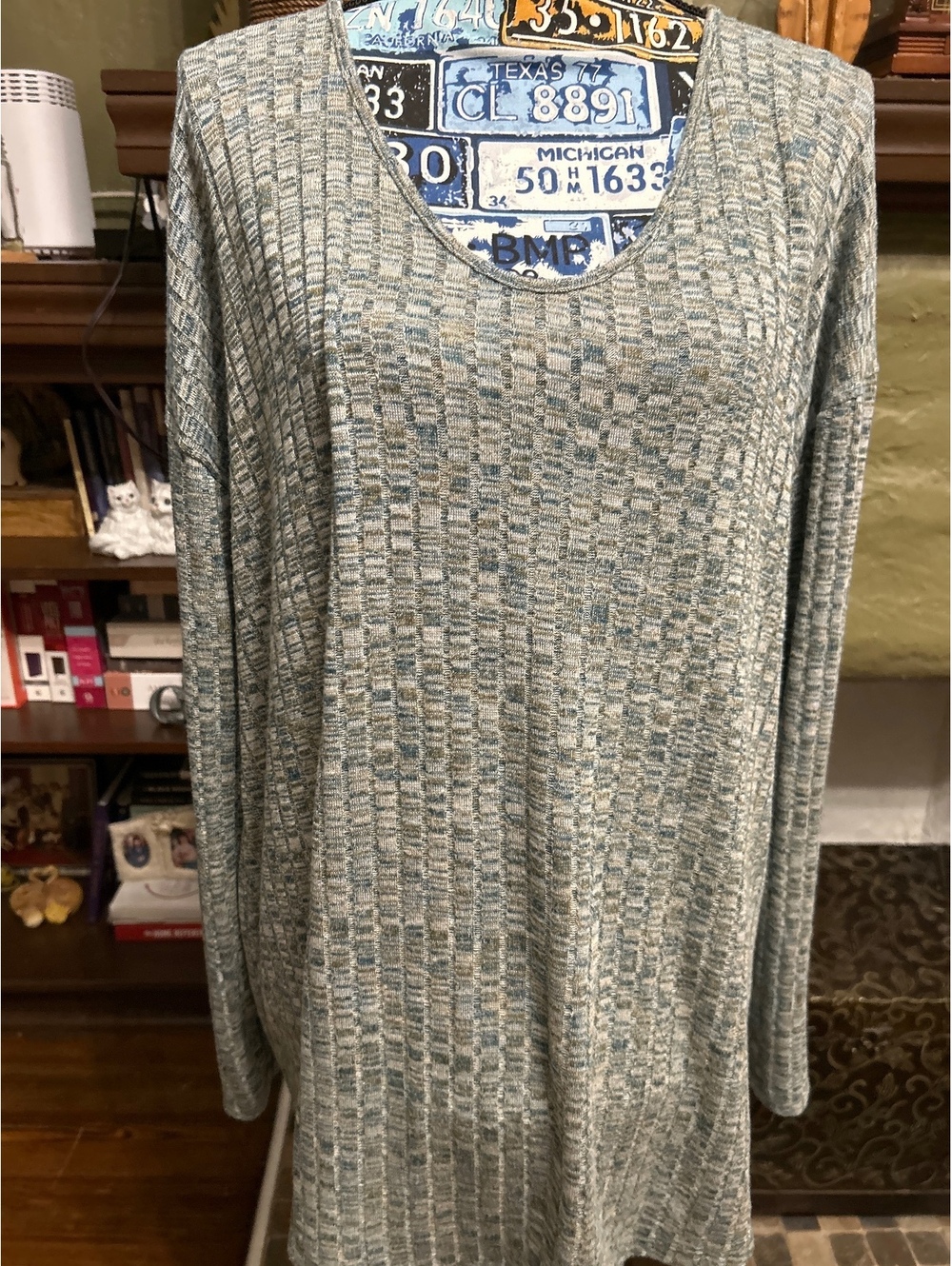 Long Sleeve Knit Tunic Sweater in Blue and Beige